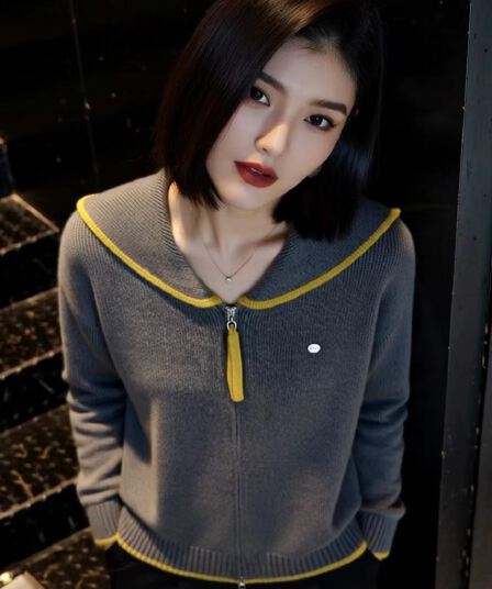 보존 섹션 추천 해군 칼라 배색 지퍼 니트 오픈 가디건 여성 가을 겨울 새로운 부드러운 슬림해 보이는 다용도 재킷