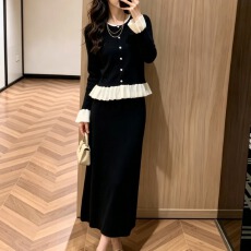 批发赫本风黑色小礼服名媛时尚气质减龄圆领荷叶边<b class='q'>长袖</b>半身裙两件套装
