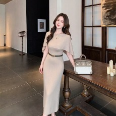 批发岛歌夫人优雅风假两件斗篷收腰修身针织<b class='q'>连衣裙</b>女秋季包臀长裙气质
