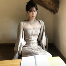 批发御姐气质针织连衣裙套装女秋冬收腰显瘦配大衣打底长裙