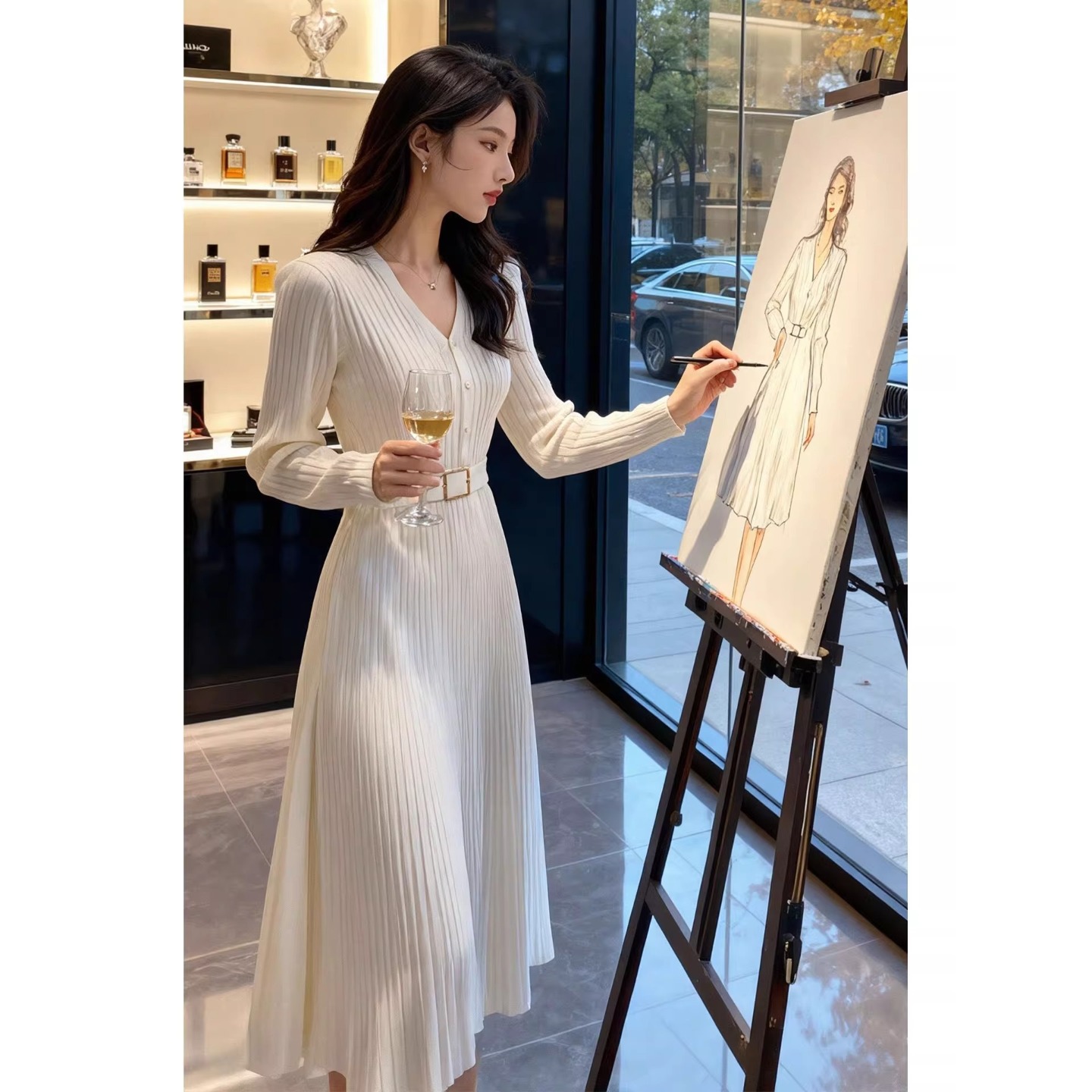 RY9568# 韩国正式场合通勤气质女神范仙女白色V领针织毛衣连衣裙打底长...