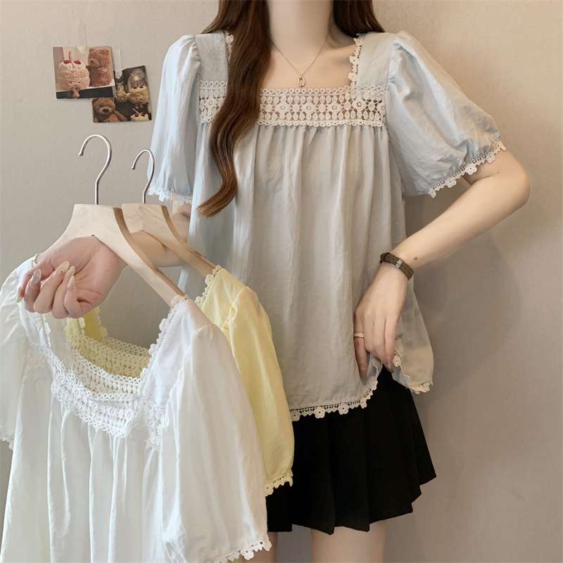 MY7449# 大码夏季法式甜美减龄蕾丝花边拼接方领宽松别致显瘦小衫女女裝貨源服裝批發