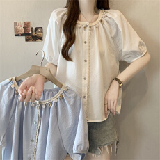 批发实拍~大码夏季<b class='q'>韩版</b>法式温柔风拼接蕾丝花边宽松遮肚百搭衬衫女