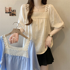 批发实拍~大码夏季<b class='q'>韩版</b>蕾丝拼接方领百搭休闲宽松减龄娃娃衫上衣女