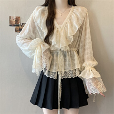 批发实拍~大码法式少女感早春蕾丝拼接雪纺衫女V领系带收腰显瘦<b class='q'>小衫</b>女