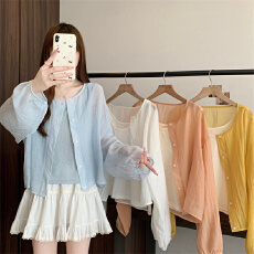 批发实拍~<b class='q'>大码</b>夏季韩系圆领单排扣百搭纯色宽松防晒衫上衣<b class='q'>背心</b>两件套