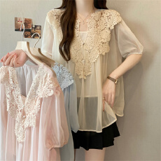 批发实拍~大码夏季韩系设计感V领蕾丝拼接百搭减龄短袖<b class='q'>雪纺</b>吊带<b class='q'>两件套</b>