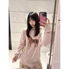 批发雪花棉 美式复古小马手绘印花插肩袖圆领慵懒宽松长袖上衣