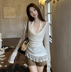 原版面料  辣妹套装女长袖针织罩衫杏色上衣+蕾丝内搭背心两件套