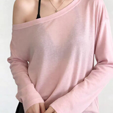 批发天丝罗纹 斜肩罩衫女夏季薄款防晒衫上衣宽松露肩小个子<b class='q'>长袖</b><b class='q'>t</b><b class='q'>恤</b>