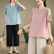 批发实拍文艺短袖T恤女上衣夏季新款<b class='q'>中老年</b>妈妈宽松洋气减龄棉麻套装