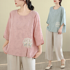 批发实拍新中式国风妈妈装棉麻<b class='q'>衬衫</b>七分袖夏装上衣减龄<b class='q'>气质</b>中老年<b class='q'>衬衣</b>