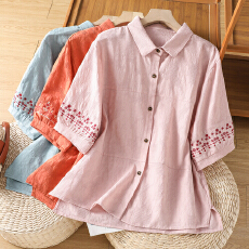 批发实拍夏季新款文艺气质短袖衬衫女<b class='q'>中年</b><b class='q'>妈妈</b>装洋气<b class='q'>减龄</b><b class='q'>大码</b>衬衣小衫