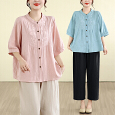 批发实拍<b class='q'>妈妈</b>夏装棉麻小衫套装2026新款短袖<b class='q'>T</b><b class='q'>恤</b>衬衣中老年女士上衣