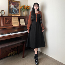 批发秋冬季假两件<b class='q'>连衣裙</b>胖mm遮肚显瘦时尚大码<b class='q'>撞色</b>高腰裙子