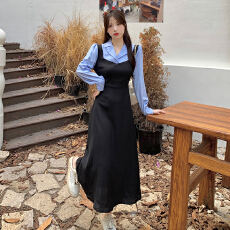 批发后包领做工新款<b class='q'>撞色</b>拼接假两件收腰系带A字长袖<b class='q'>连衣裙</b>