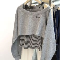 批发实拍花灰色斜肩<b class='q'>长袖</b><b class='q'>条纹</b>卫衣女2025秋季设计感搭配背心两件套上衣