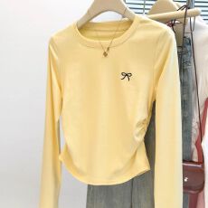 批发实拍纯棉罗纹蝴蝶结刺绣长袖T恤女<b class='q'>修身</b>内搭打底衫韩版设计感上衣