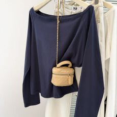 批发实拍纯棉设计感小众<b class='q'>一字领</b>露肩长袖T恤女春秋宽松韩版打底衫上衣