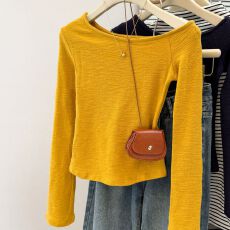 批发实拍韩系黄色斜肩长袖t恤女秋季新款内搭打底衫<b class='q'>修身</b>显瘦别致上衣
