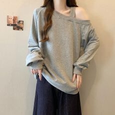 批发实拍甜辣斜领露肩长袖卫衣女秋冬装宽松韩版加绒加厚百搭<b class='q'>外套</b>上衣