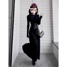 批发赫本风气质黑色半高领长袖连衣裙女秋冬新款收腰显瘦内搭包臀短裙