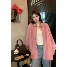 批发韩系温柔粉色翻领单排扣长袖衬衫秋季 新款设计感宽松显瘦上衣