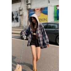 批发复古连帽格子衬衫女 新款韩版宽松慵懒风小个子衬衣防晒外套