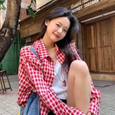 批发百搭衬衫  复古红色爆款小狗刺绣上衣宽松通勤格子衬衣ins