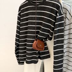 批发实拍条纹长袖T恤女秋冬季新款磨毛加绒打底衫内搭<b class='q'>宽松</b>慵懒上衣服