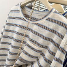 实拍 口袋设计感小众撞色条纹长袖T恤女春秋季宽松韩版打底衫上