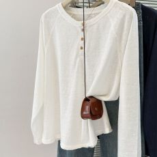 批发实拍圆领纽扣设计感长袖T恤女春秋季<b class='q'>宽松</b>韩版内搭外穿打底衫上衣