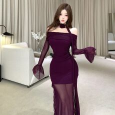 批发紫色一字领露肩不规则喇叭袖包臀裙时尚性感网纱<b class='q'>荷叶边</b>开叉<b class='q'>连衣裙</b>