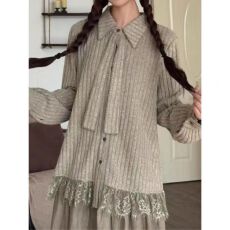 蕾丝下摆屁帘翻领飘带衬衫女春秋显瘦上衣叠穿毛衣内搭打底衬衣冬