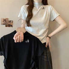 纯棉 夏装刺绣半高领短袖T恤女