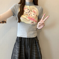 批发纯棉 半高领短袖女印花