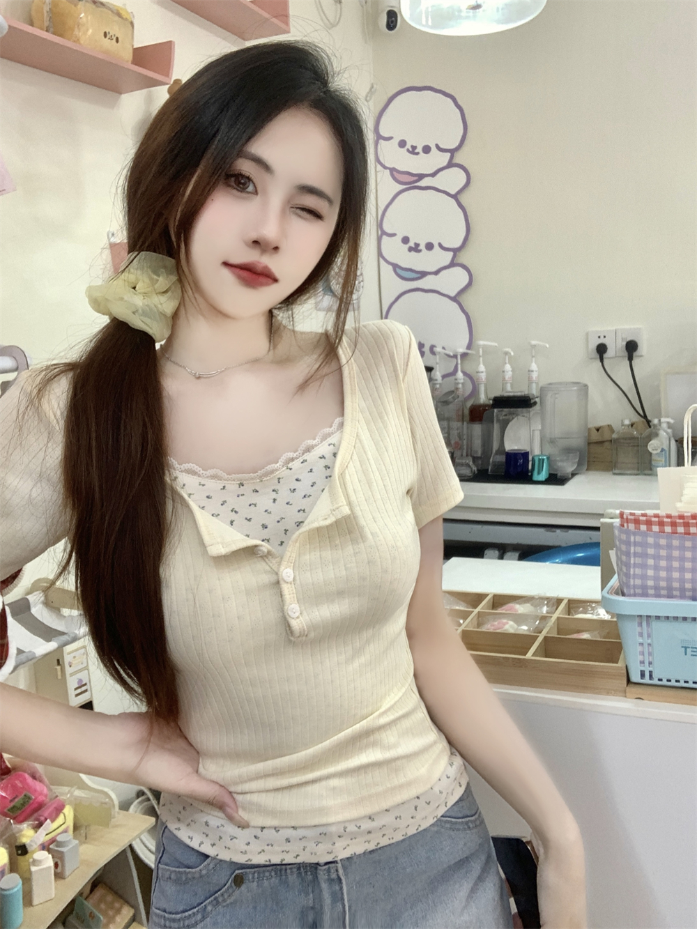 자카드 싸움 40 천 여름 드레스 레이스 꽃무늬 가짜 두 조각 반팔 여성