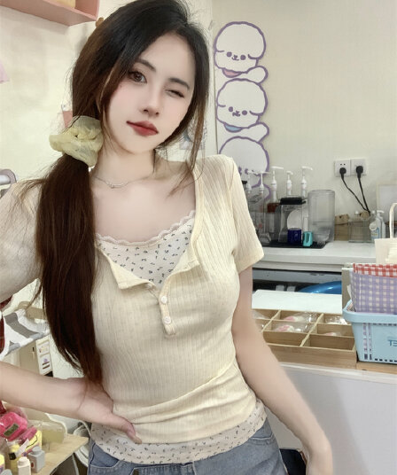 자카드 싸움 40 천 여름 드레스 레이스 꽃무늬 가짜 두 조각 반팔 여성