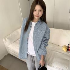 批发复古水洗条纹蓝色防晒<b class='q'>衬衫</b>外套女春夏宽松慵懒休闲外搭叠穿上衣