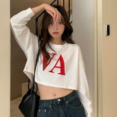 批发春秋季卫衣女套头字母印花短款宽松露脐圆领长袖上衣女