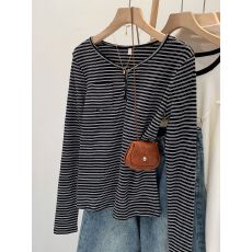 原版条纹 韩系别致chic条纹纽扣气质长袖T恤女