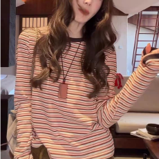 批发原版条纹 纯棉 设计感百搭圆领撞色条纹长袖打底上衣