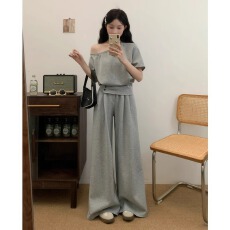 批发夏装搭配一整套微胖mm慵懒风斜肩灰色<b class='q'>卫衣</b>阔腿裤两件套女