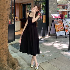 批发大码法式黑色吊带裙<b class='q'>连衣裙</b>高级感微胖mm显瘦遮肉长裙子