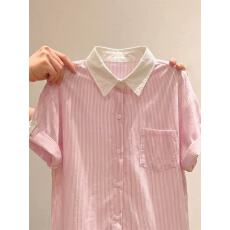 批发复古学院风粉色条纹短袖衬衫女小个子夏季独特漂亮巨好看上衣