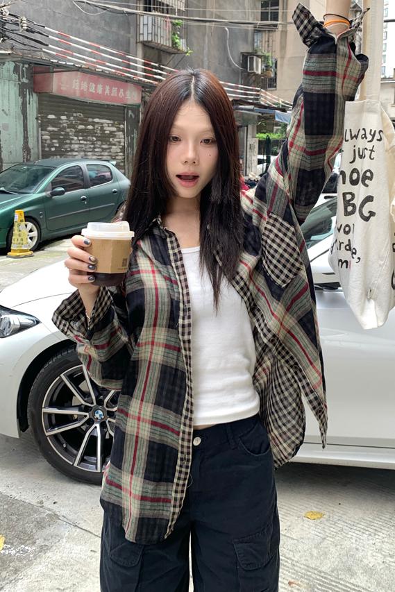 달콤한 차가운 chic 바람 배색 양면 체크무늬 패치워크 여성 셔츠 캐주얼 루즈핏 자외선 차단 재킷 긴팔 맨위