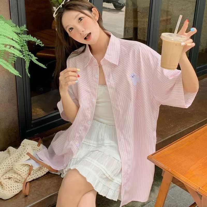 색상 디자인 사탕 레이스업 스트라이프 단추 봄 가을 긴팔 셔츠 셔츠 캐주얼 새로운 루즈핏 자외선 차단 맨위