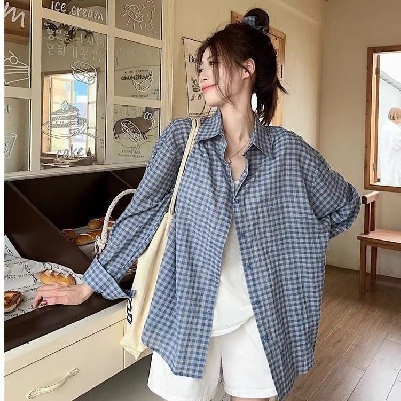 격자 무늬 셔츠 여성 코트 여름 새로운 달콤함 루즈핏 셔츠 긴팔 캐주얼 맨위 선물 헤드 플라워