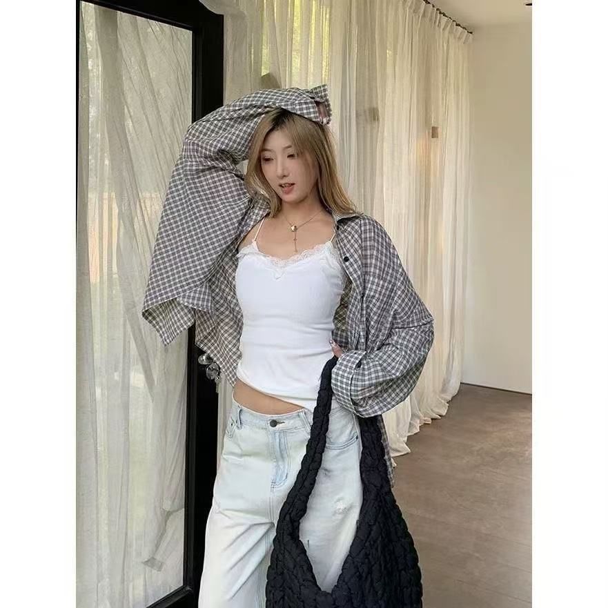 레트로 체크무늬 폴로 칼라 셔츠 맨위 여성 봄 루즈핏 슬림해 보이는 캐주얼 느긋한 바람 체크무늬 셔츠 재킷