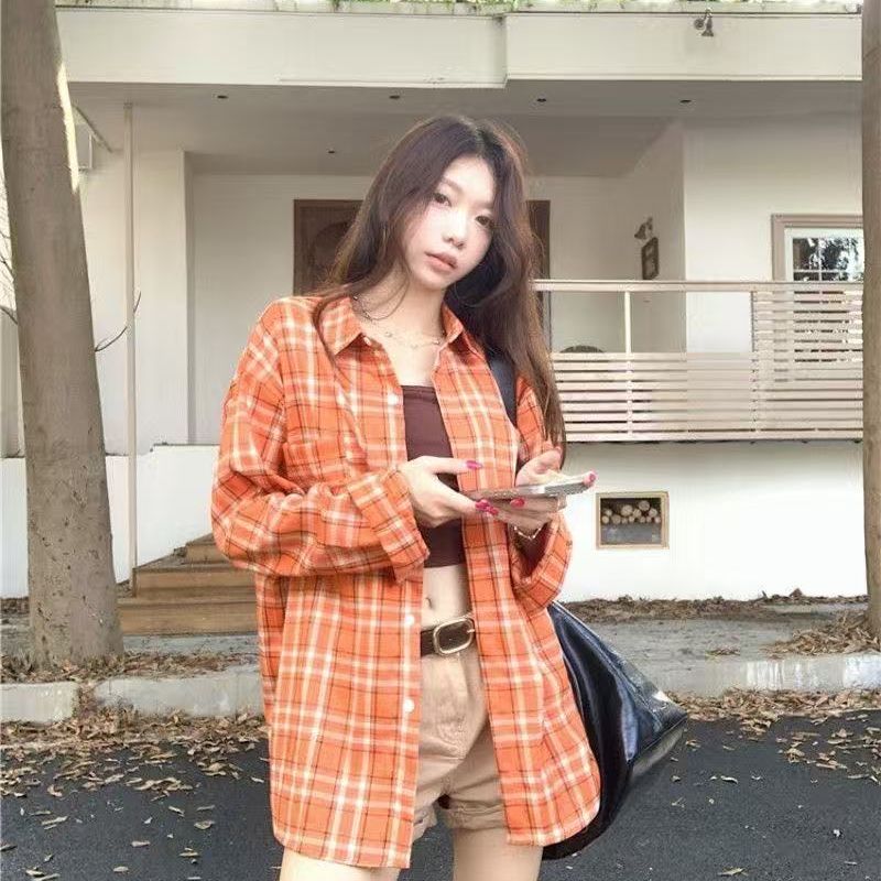 레트로 주황색 체크무늬 긴팔 여성 셔츠 봄 가을 작은 대중 디자인 센스 루즈핏 캐주얼 자외선 차단 커플 재킷